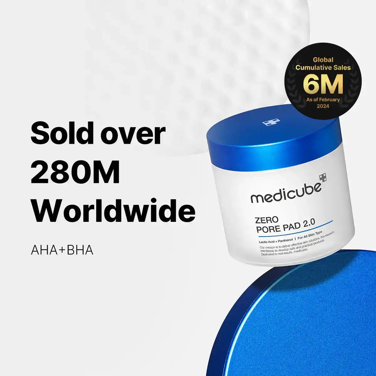 Medicube Zero Pore Pad 2.0 with AHA+BHA for exfoliation and pore care, featuring global sales badge and product container on white background.