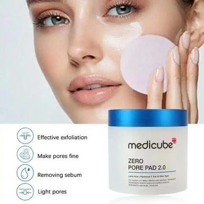 Woman using Medicube Zero Pore Pad 2.0 for effective exfoliation and pore care. Features lactic acid and panthenol for all skin types.
